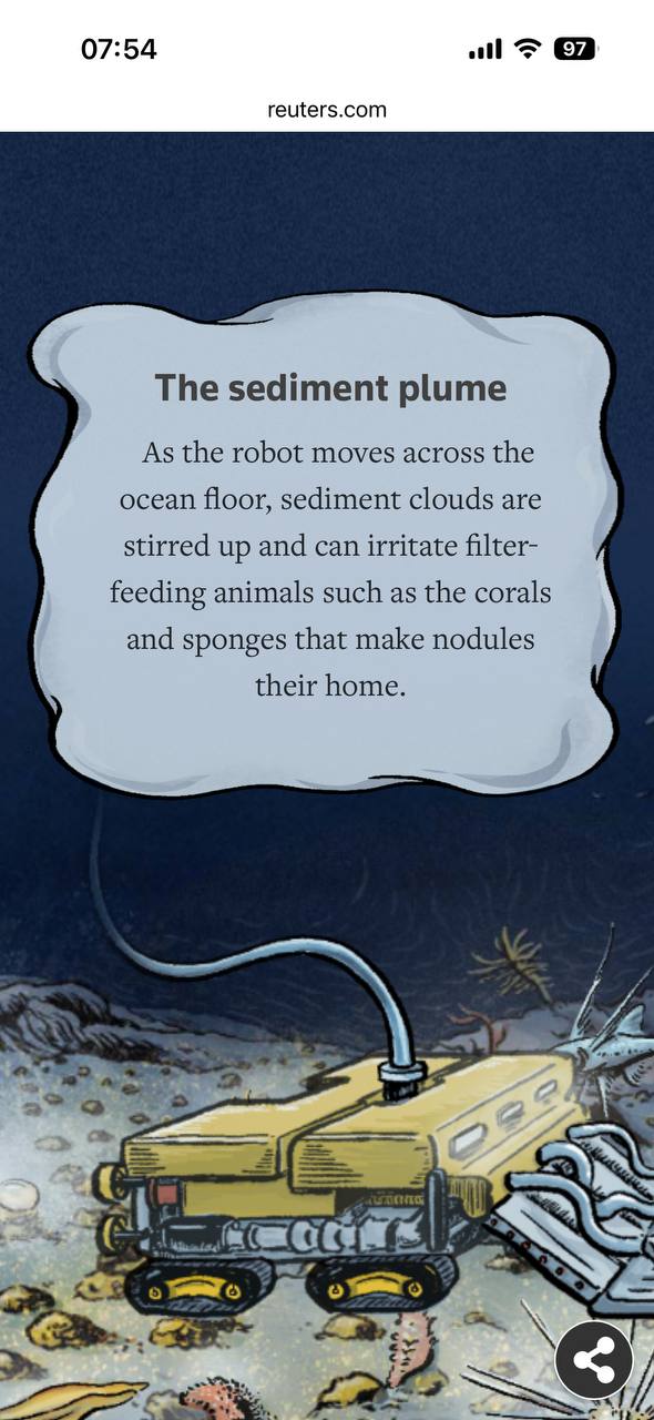 Real Reuters phone screenshot: a callout titled The sediment plume sits directly above an illustrated seabed mining robot.